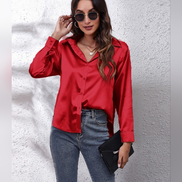 Red Collared Neck Buttoned Long Sleeve Shirt - Picture 2 of 5